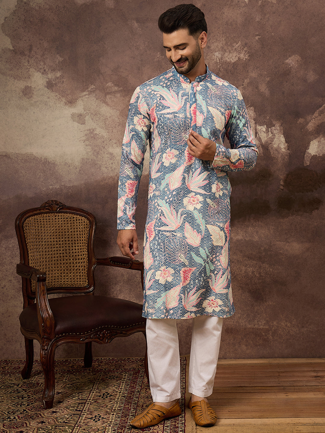 Ethnic Bay Men Blue Viscose Rayon Floral Embroidered Straight Kurta with Trouser-MKSET1429
