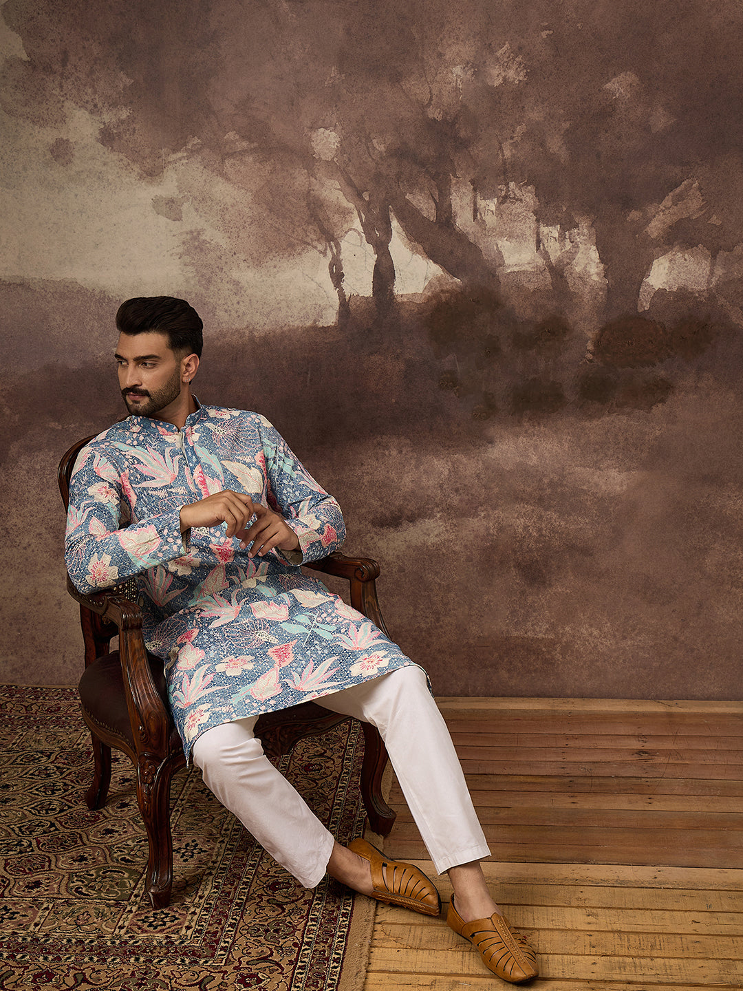 Ethnic Bay Men Blue Viscose Rayon Floral Embroidered Straight Kurta with Trouser-MKSET1429