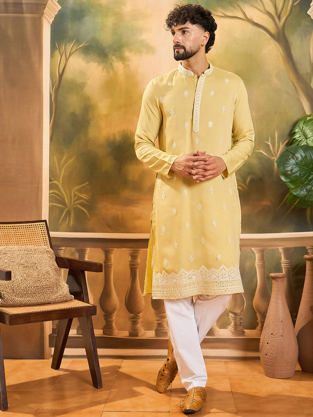 Ethnic Bay Men Yellow Silk Blend Solid Embroidered Straight Kurta with Trouser-MKSET1434