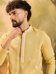 Ethnic Bay Men Yellow Silk Blend Solid Embroidered Straight Kurta with Trouser-MKSET1434