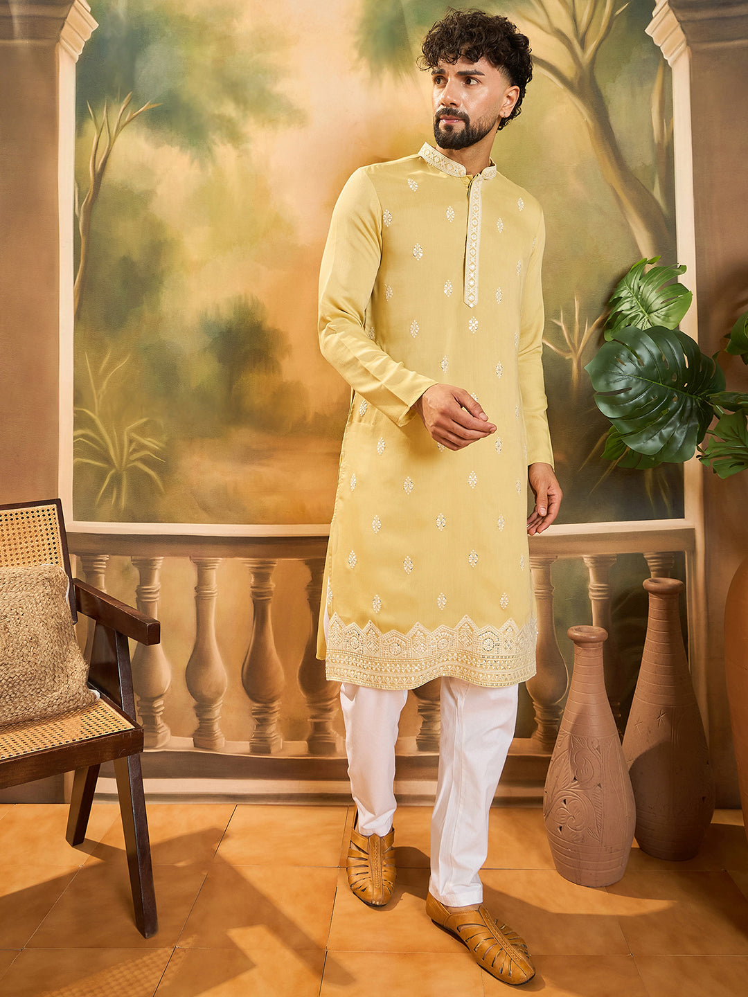 Ethnic Bay Men Yellow Silk Blend Solid Embroidered Straight Kurta with Trouser-MKSET1434