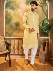 Ethnic Bay Men Yellow Silk Blend Solid Embroidered Straight Kurta with Trouser-MKSET1434