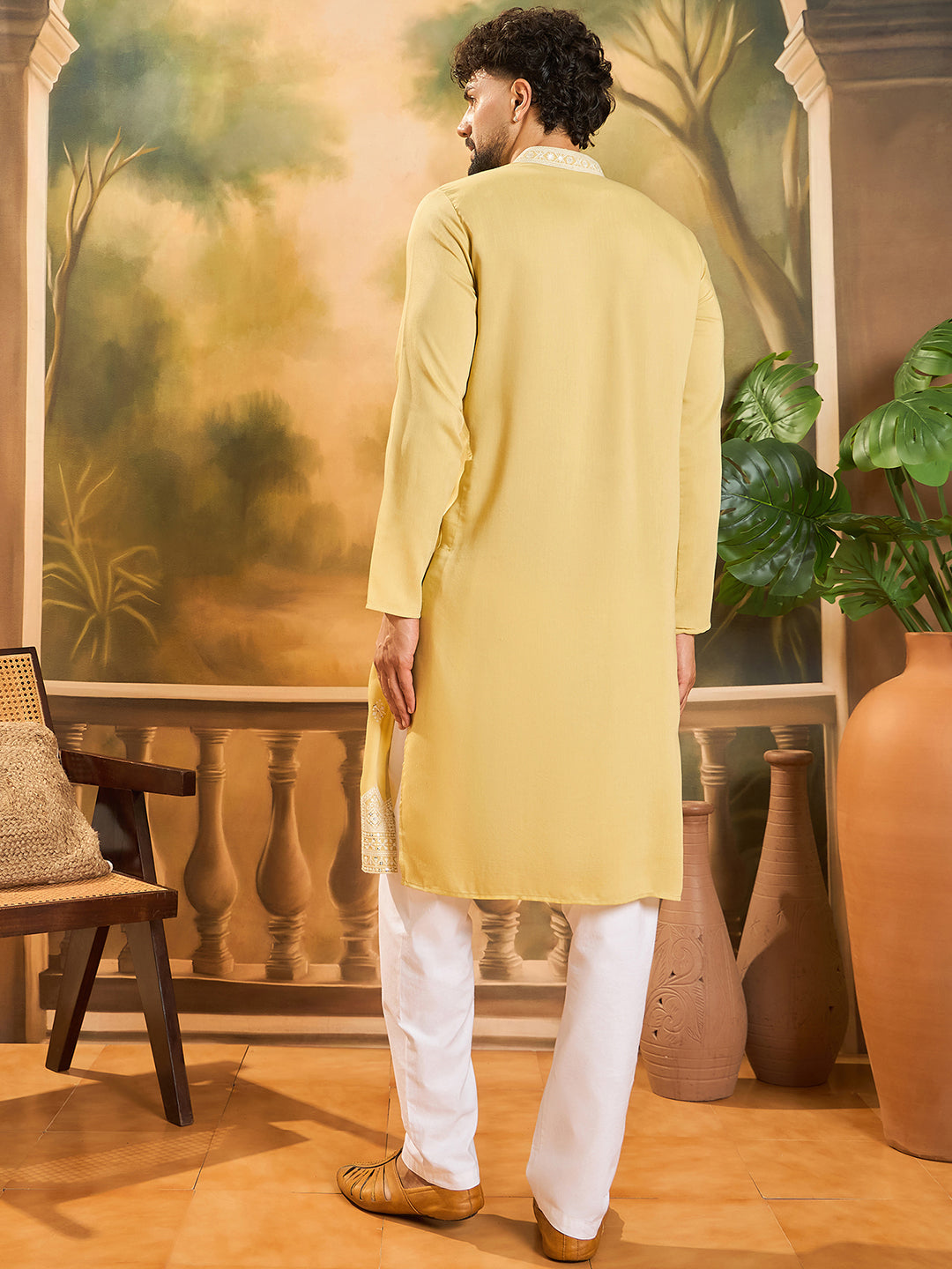 Ethnic Bay Men Yellow Silk Blend Solid Embroidered Straight Kurta with Trouser-MKSET1434