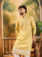 Ethnic Bay Men Yellow Silk Blend Solid Embroidered Straight Kurta with Trouser-MKSET1434