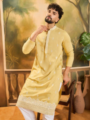 Ethnic Bay Men Yellow Silk Blend Solid Embroidered Straight Kurta with Trouser-MKSET1434