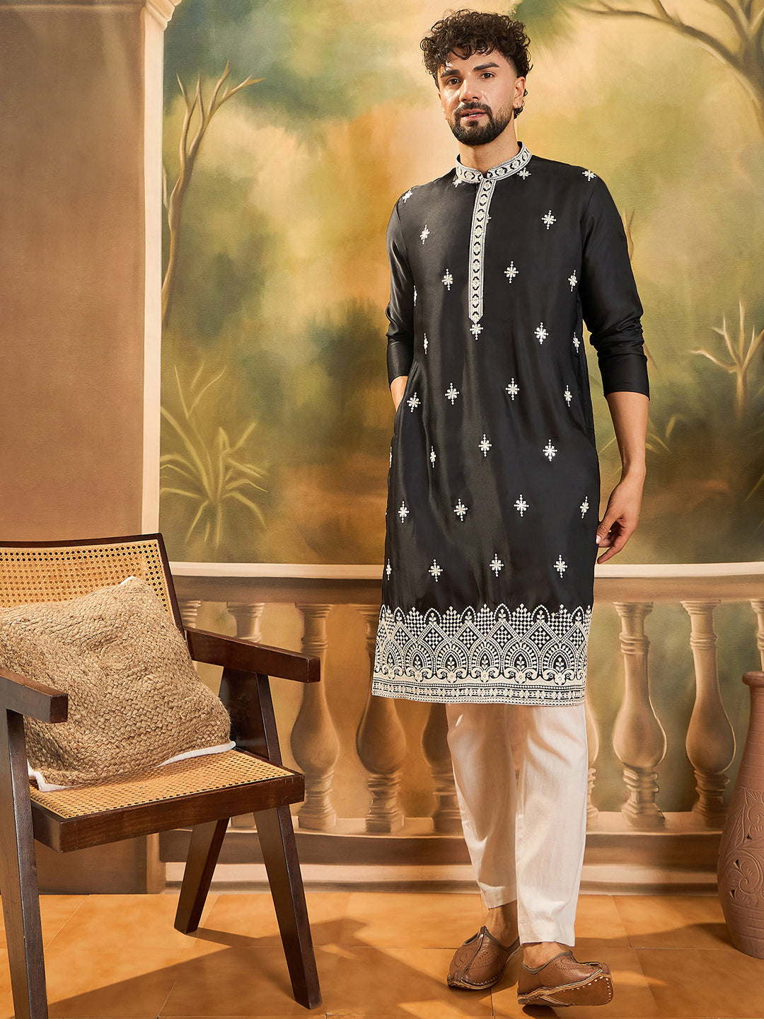 Ethnic Bay Men Black Silk Blend Solid Embroidered Straight Kurta with Trouser-MKSET1441