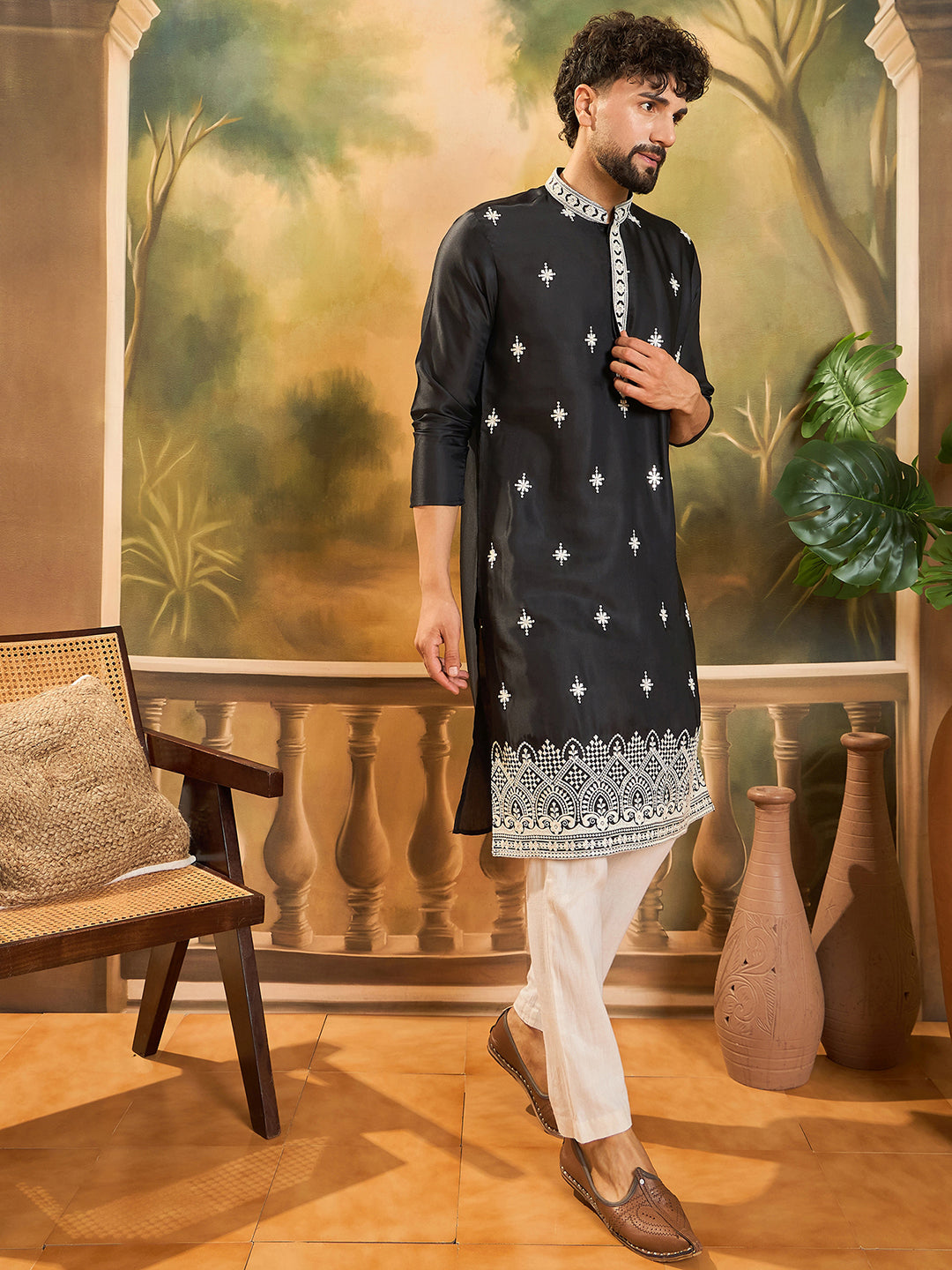 Ethnic Bay Men Black Silk Blend Solid Embroidered Straight Kurta with Trouser-MKSET1441