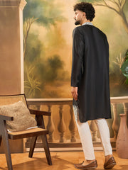Ethnic Bay Men Black Silk Blend Solid Embroidered Straight Kurta with Trouser-MKSET1441