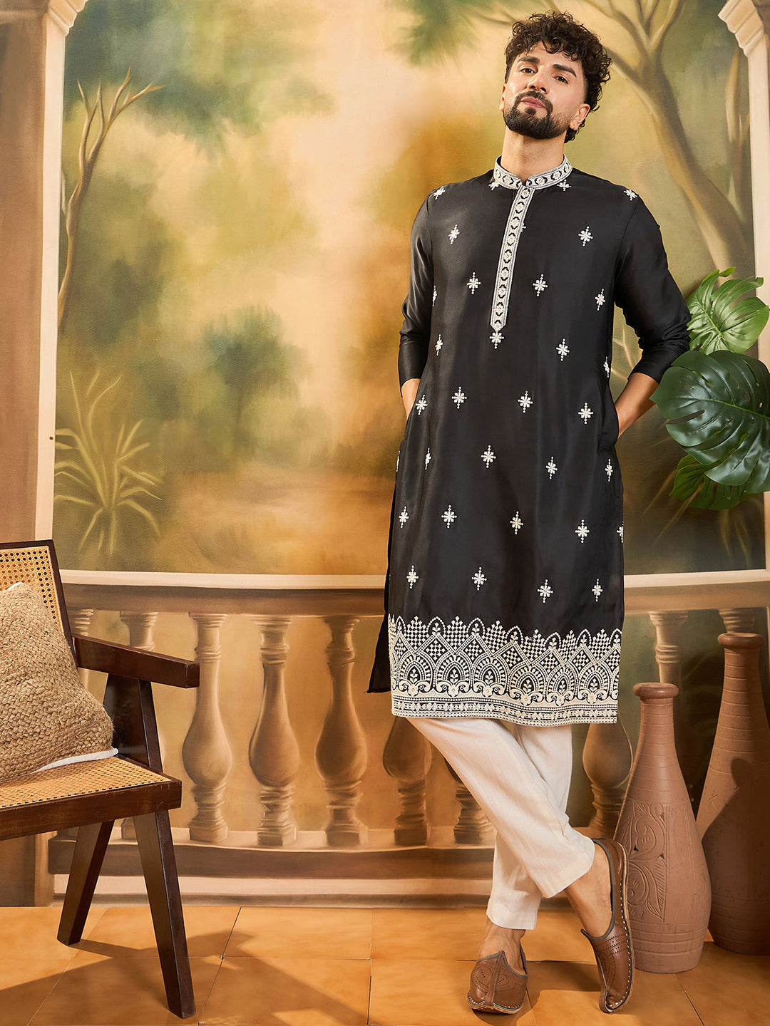 Ethnic Bay Men Black Silk Blend Solid Embroidered Straight Kurta with Trouser-MKSET1441