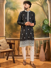 Ethnic Bay Men Black Silk Blend Solid Embroidered Straight Kurta with Trouser-MKSET1441