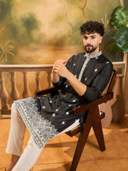 Ethnic Bay Men Black Silk Blend Solid Embroidered Straight Kurta with Trouser-MKSET1441
