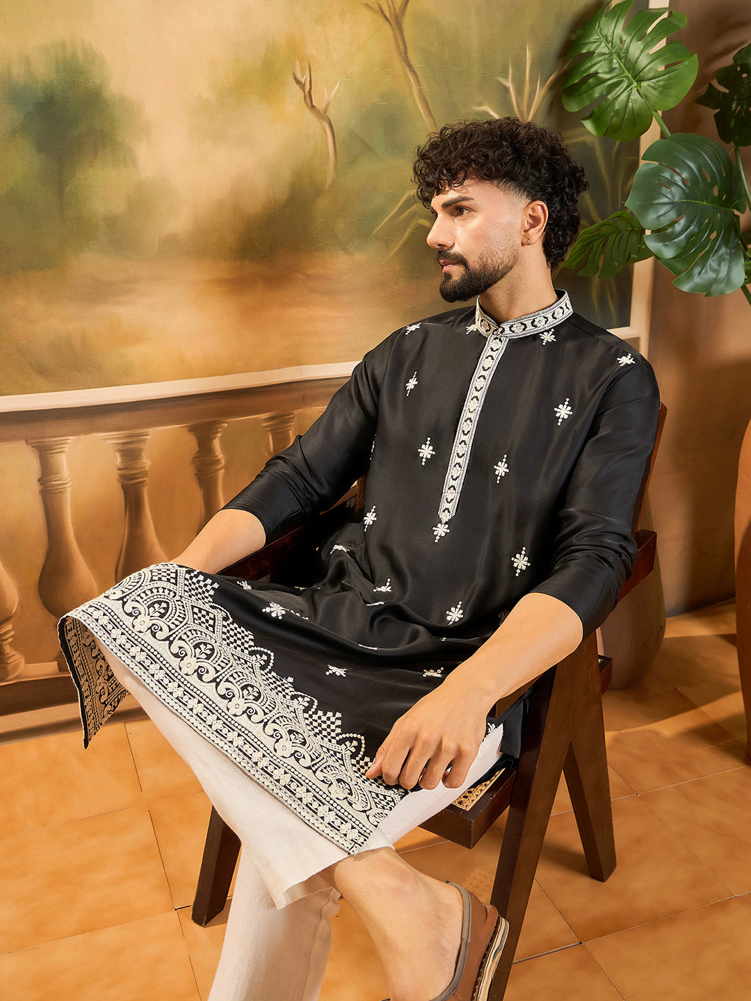 Ethnic Bay Men Black Silk Blend Solid Embroidered Straight Kurta with Trouser-MKSET1441