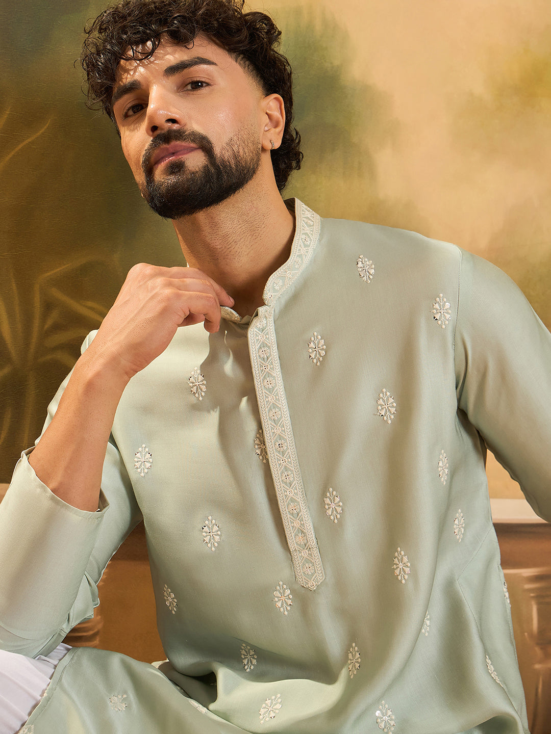 Ethnic Bay Men Green Silk Blend Solid Embroidered Straight Kurta with Trouser-MKSET1450