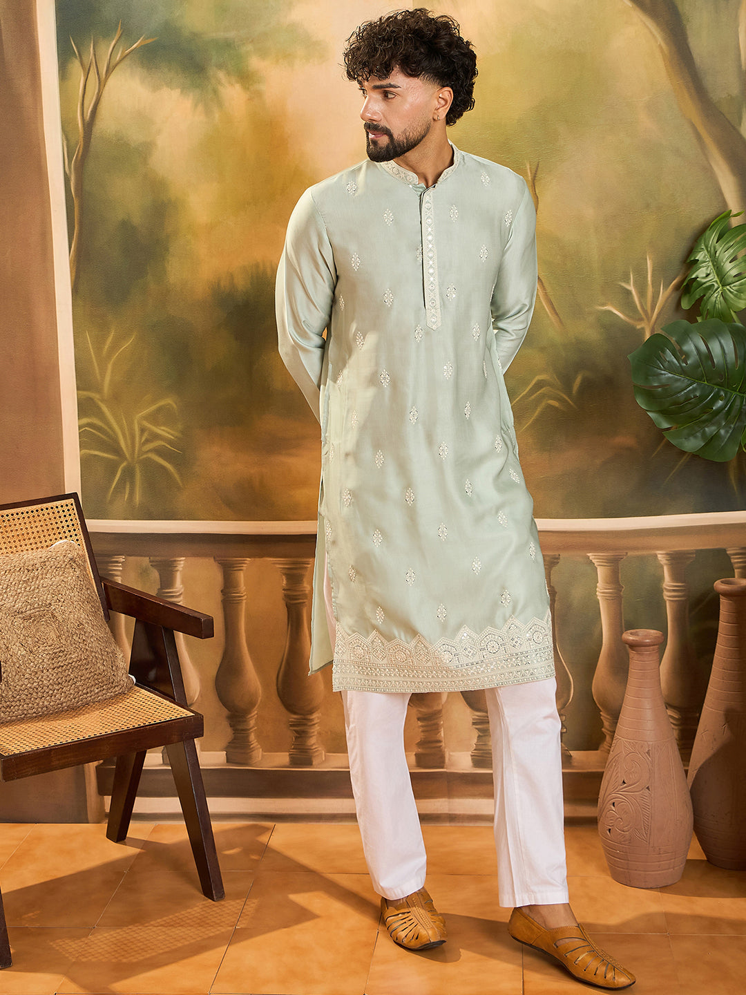 Ethnic Bay Men Green Silk Blend Solid Embroidered Straight Kurta with Trouser-MKSET1450
