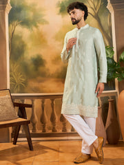 Ethnic Bay Men Green Silk Blend Solid Embroidered Straight Kurta with Trouser-MKSET1450