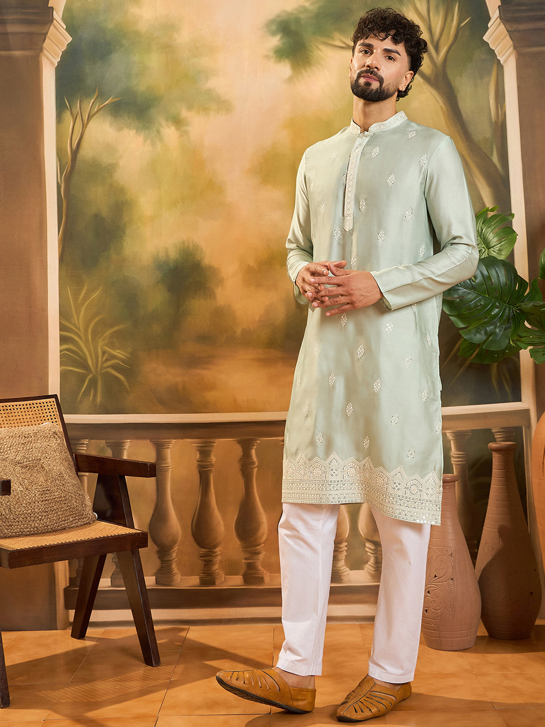 Ethnic Bay Men Green Silk Blend Solid Embroidered Straight Kurta with Trouser-MKSET1450