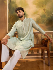Ethnic Bay Men Green Silk Blend Solid Embroidered Straight Kurta with Trouser-MKSET1450