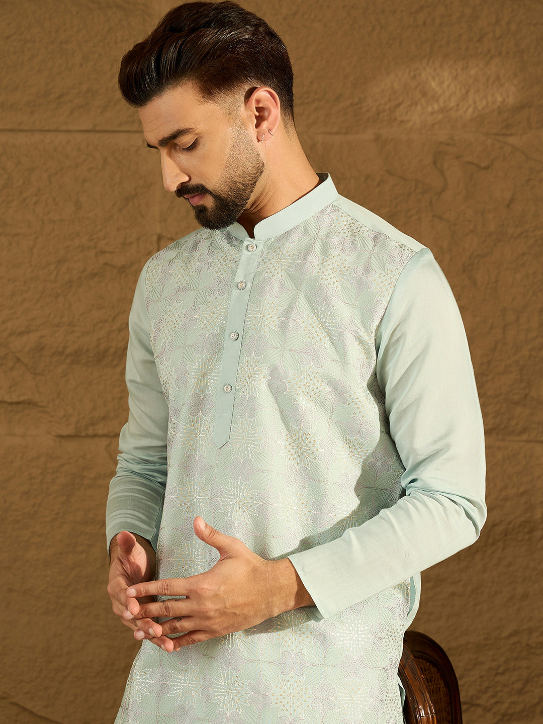 Ethnic Bay Men Blue Silk Blend Solid Embroidered Straight Kurta with Trouser-MKSET1468