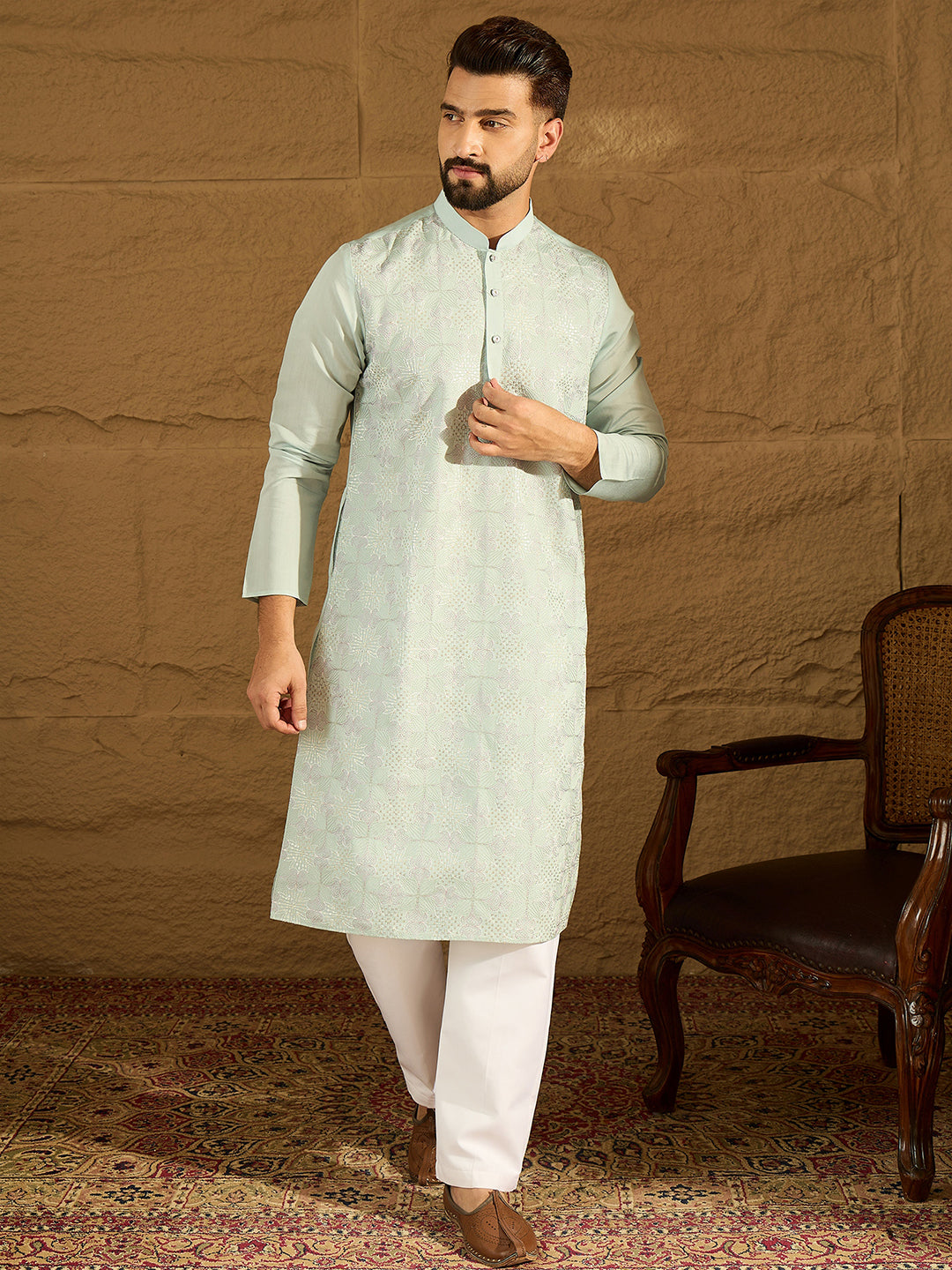 Ethnic Bay Men Blue Silk Blend Solid Embroidered Straight Kurta with Trouser-MKSET1468