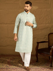 Ethnic Bay Men Blue Silk Blend Solid Embroidered Straight Kurta with Trouser-MKSET1468