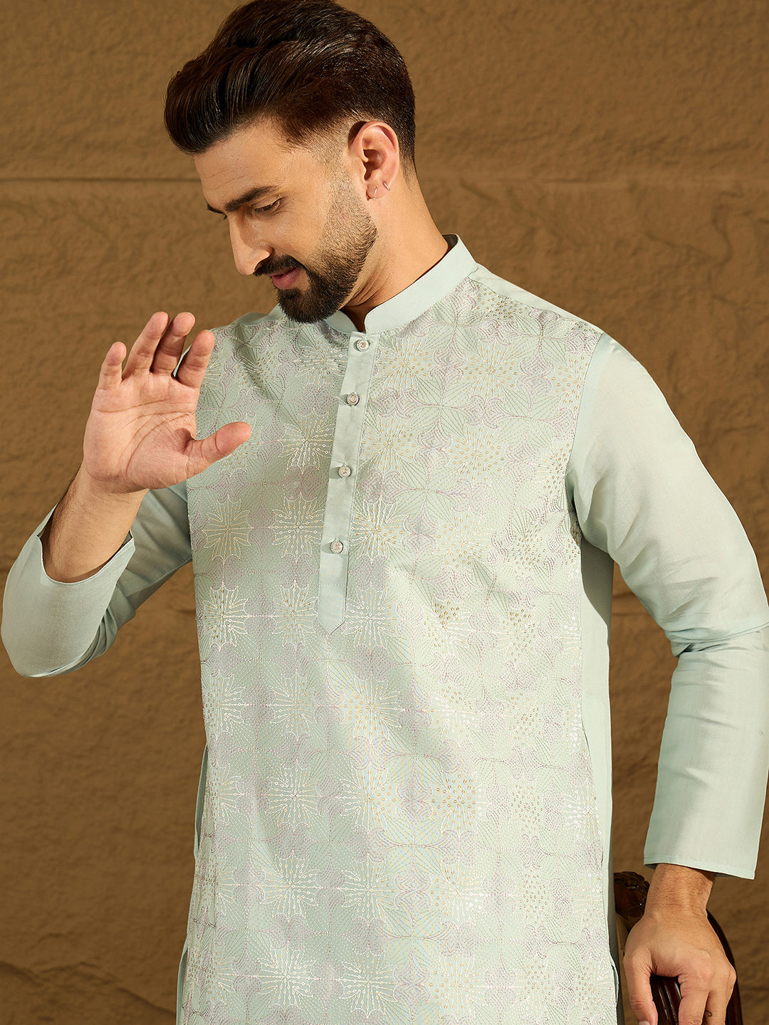 Ethnic Bay Men Blue Silk Blend Solid Embroidered Straight Kurta with Trouser-MKSET1468