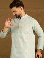 Ethnic Bay Men Blue Silk Blend Solid Embroidered Straight Kurta with Trouser-MKSET1468