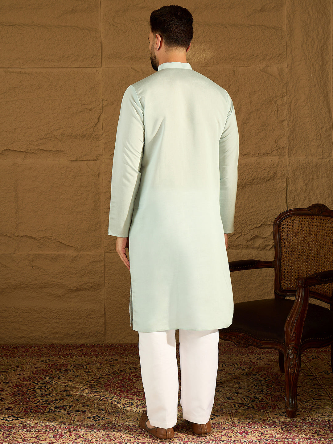Ethnic Bay Men Blue Silk Blend Solid Embroidered Straight Kurta with Trouser-MKSET1468