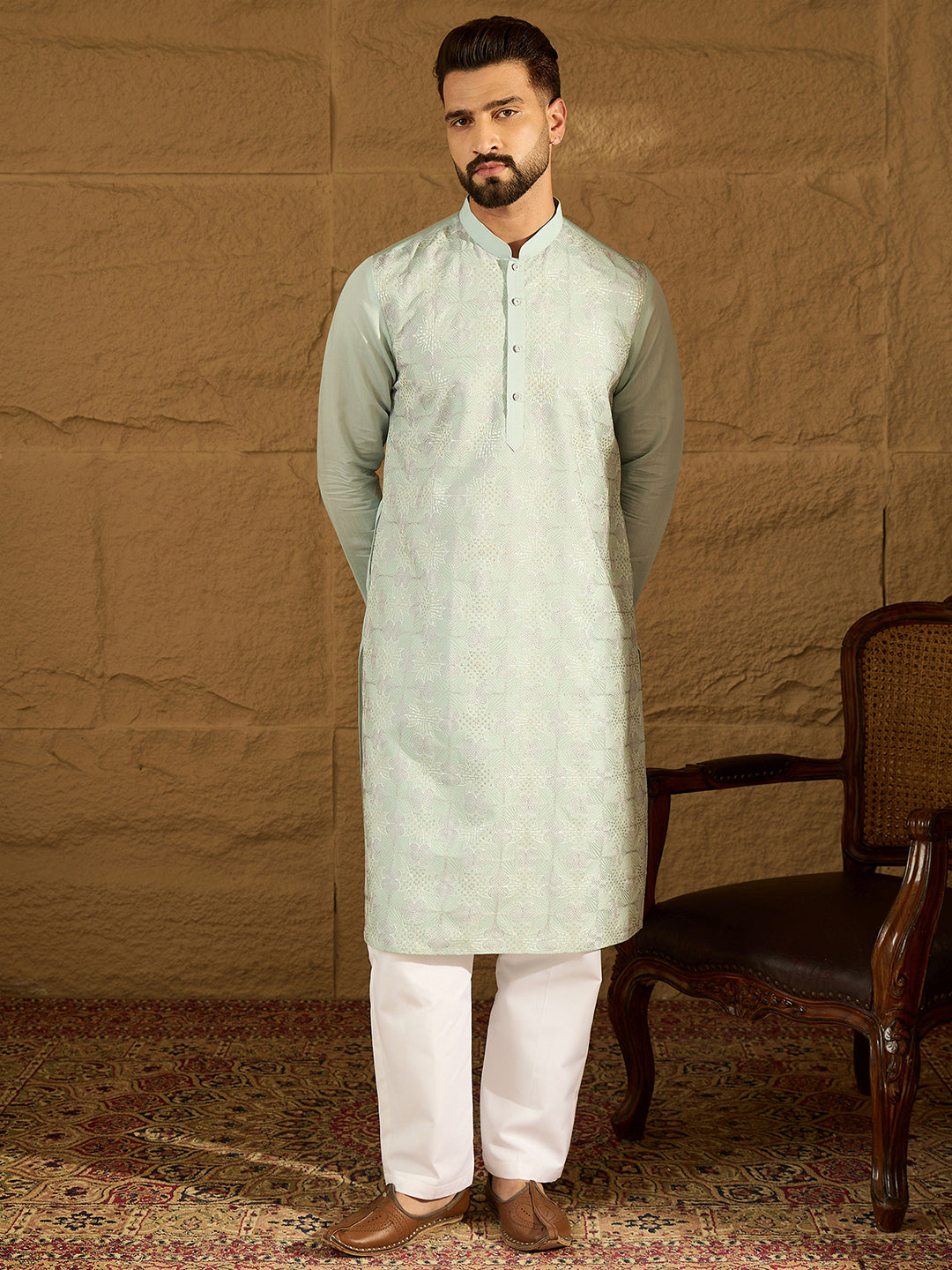 Ethnic Bay Men Blue Silk Blend Solid Embroidered Straight Kurta with Trouser-MKSET1468