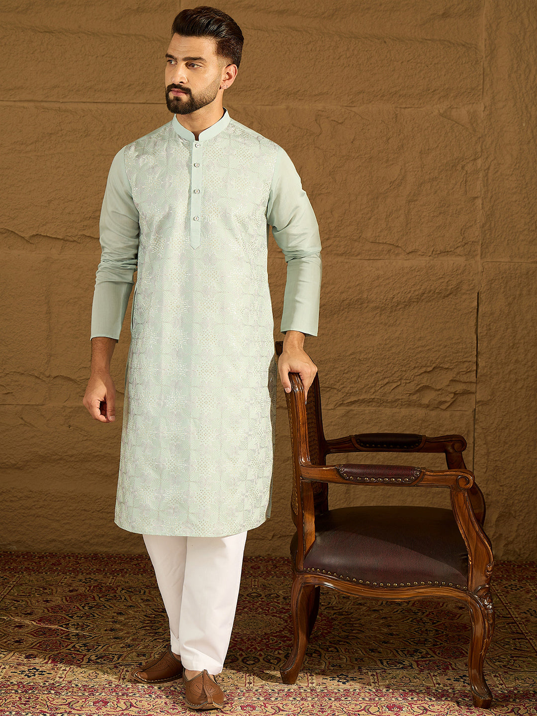 Ethnic Bay Men Blue Silk Blend Solid Embroidered Straight Kurta with Trouser-MKSET1468