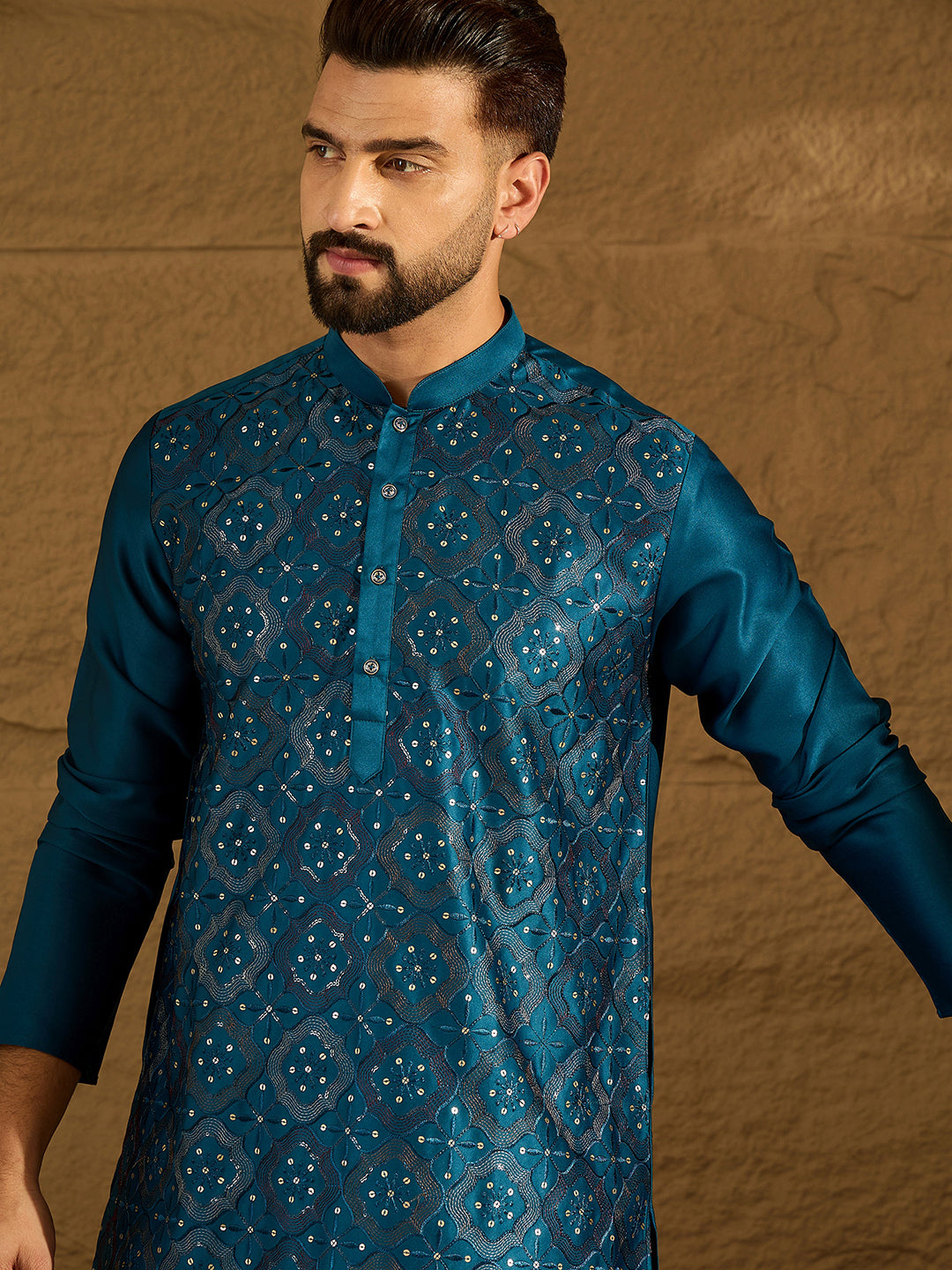 Ethnic Bay Men Blue Silk Blend Solid Embroidered Straight Kurta with Trouser-MKSET1469