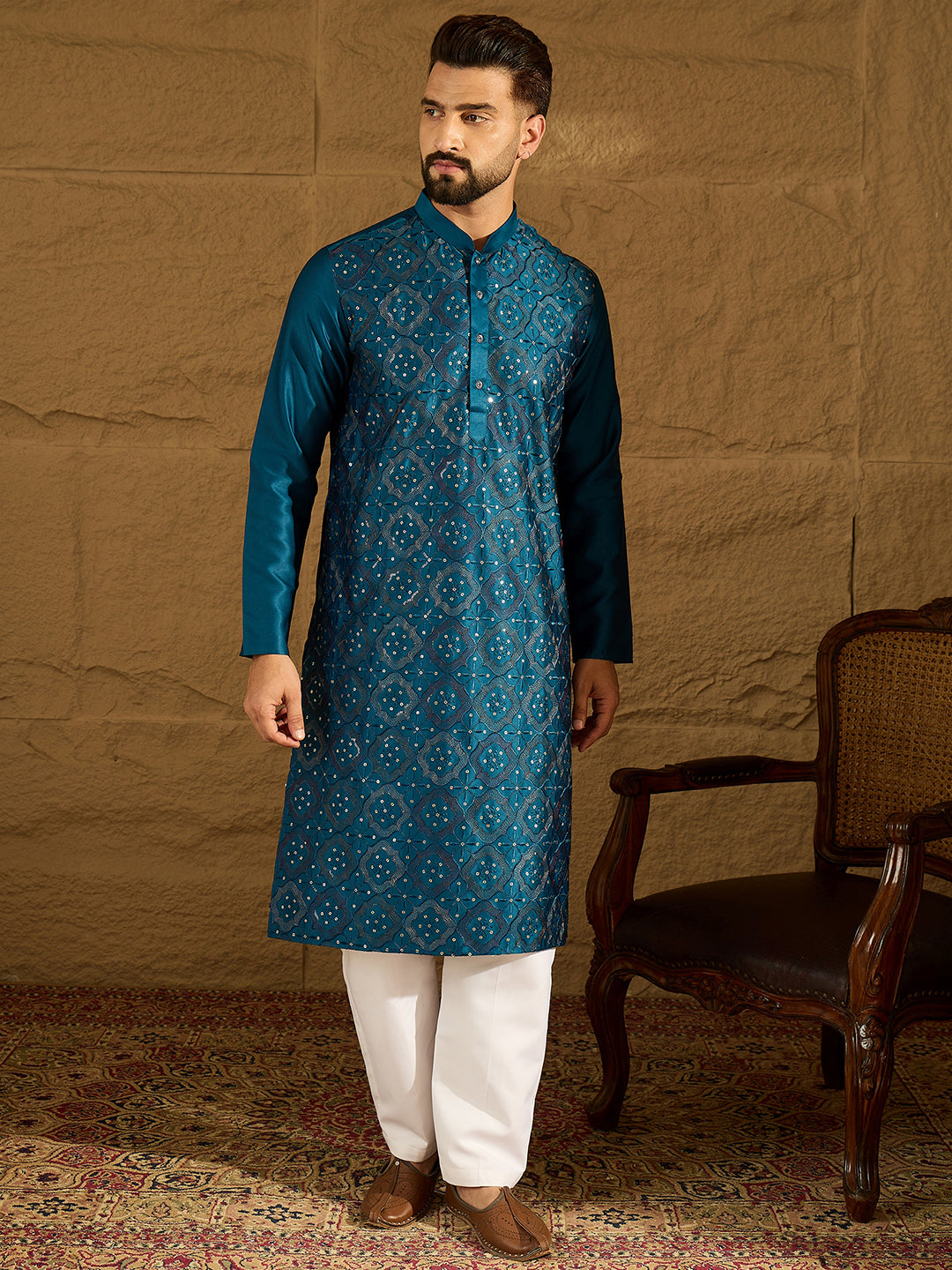 Ethnic Bay Men Blue Silk Blend Solid Embroidered Straight Kurta with Trouser-MKSET1469