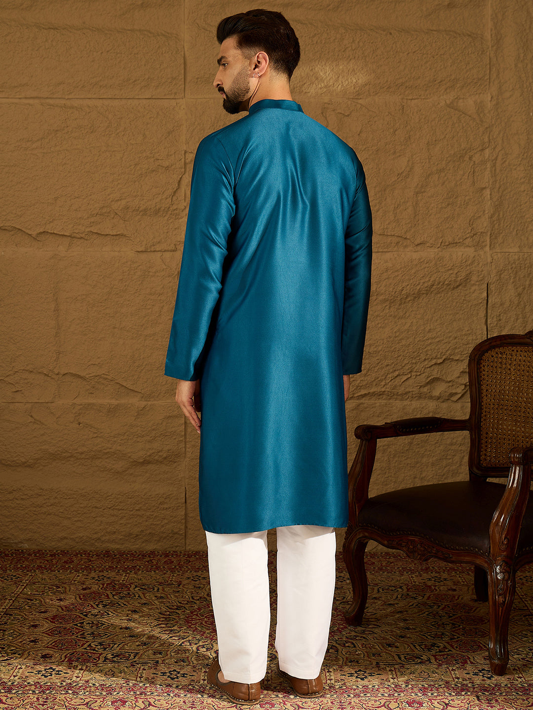 Ethnic Bay Men Blue Silk Blend Solid Embroidered Straight Kurta with Trouser-MKSET1469