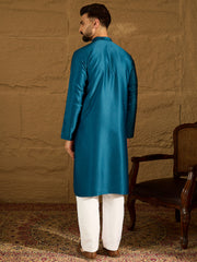 Ethnic Bay Men Blue Silk Blend Solid Embroidered Straight Kurta with Trouser-MKSET1469