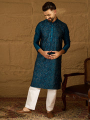 Ethnic Bay Men Blue Silk Blend Solid Embroidered Straight Kurta with Trouser-MKSET1469