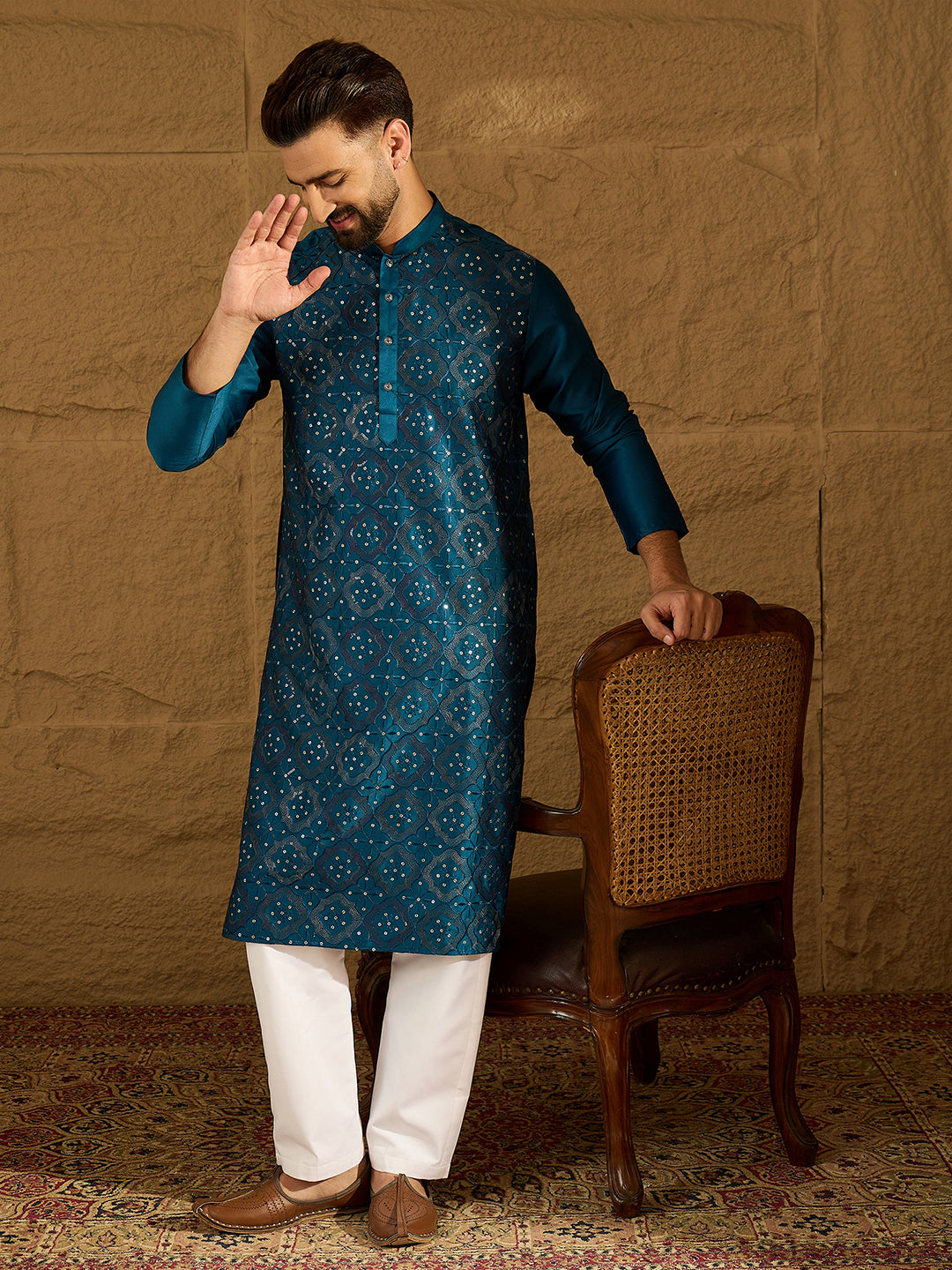 Ethnic Bay Men Blue Silk Blend Solid Embroidered Straight Kurta with Trouser-MKSET1469