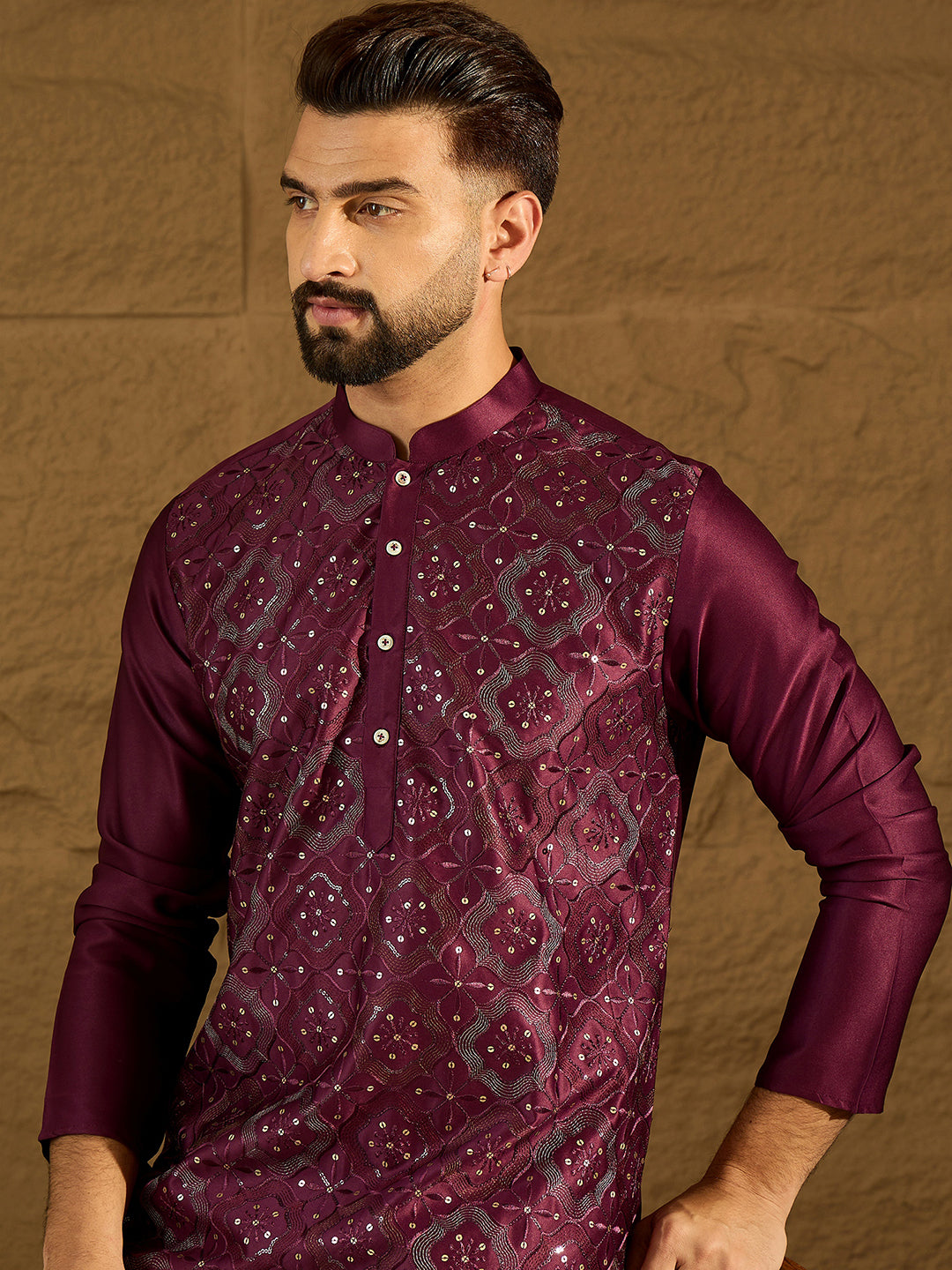 Ethnic Bay Men Purple Silk Blend Solid Embroidered Straight Kurta with Trouser-MKSET1470