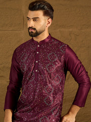 Ethnic Bay Men Purple Silk Blend Solid Embroidered Straight Kurta with Trouser-MKSET1470