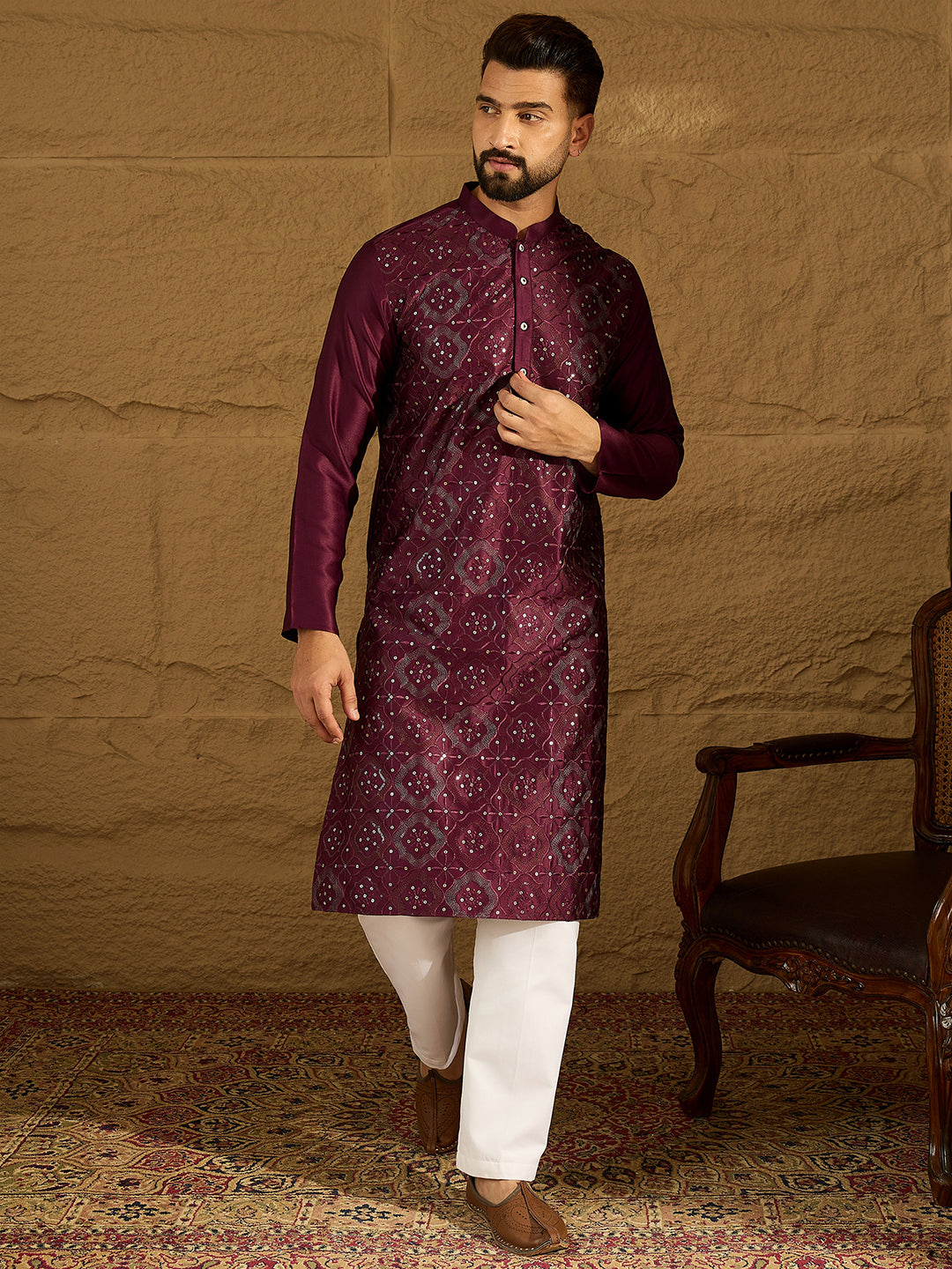 Ethnic Bay Men Purple Silk Blend Solid Embroidered Straight Kurta with Trouser-MKSET1470