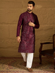 Ethnic Bay Men Purple Silk Blend Solid Embroidered Straight Kurta with Trouser-MKSET1470