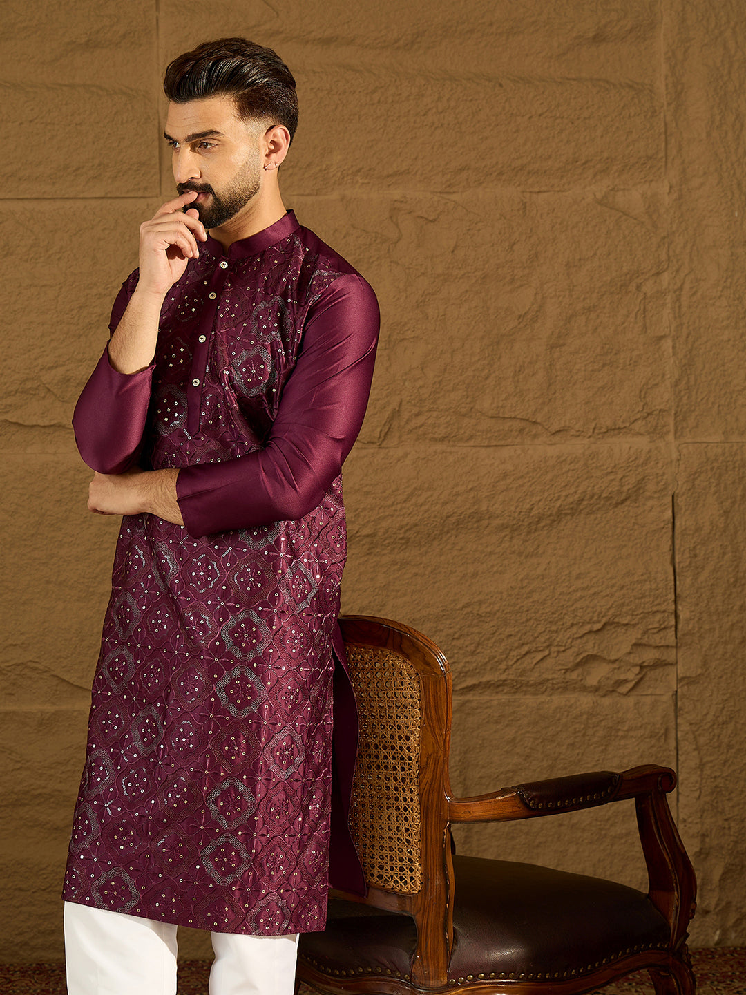 Ethnic Bay Men Purple Silk Blend Solid Embroidered Straight Kurta with Trouser-MKSET1470