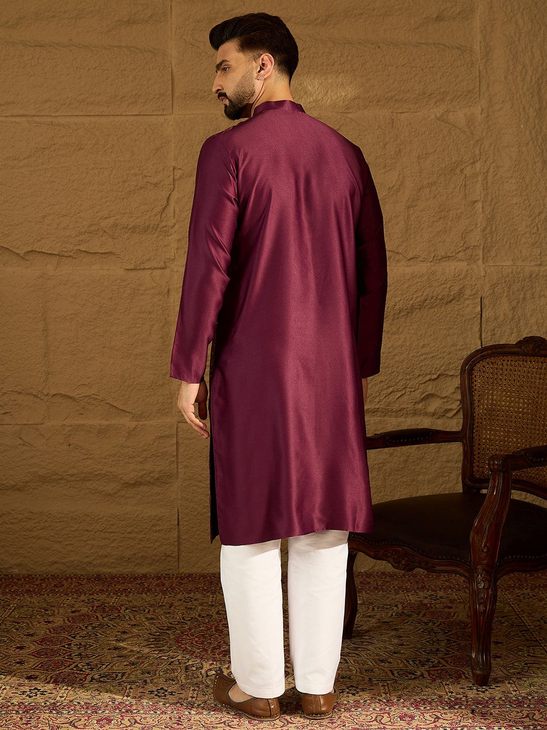 Ethnic Bay Men Purple Silk Blend Solid Embroidered Straight Kurta with Trouser-MKSET1470