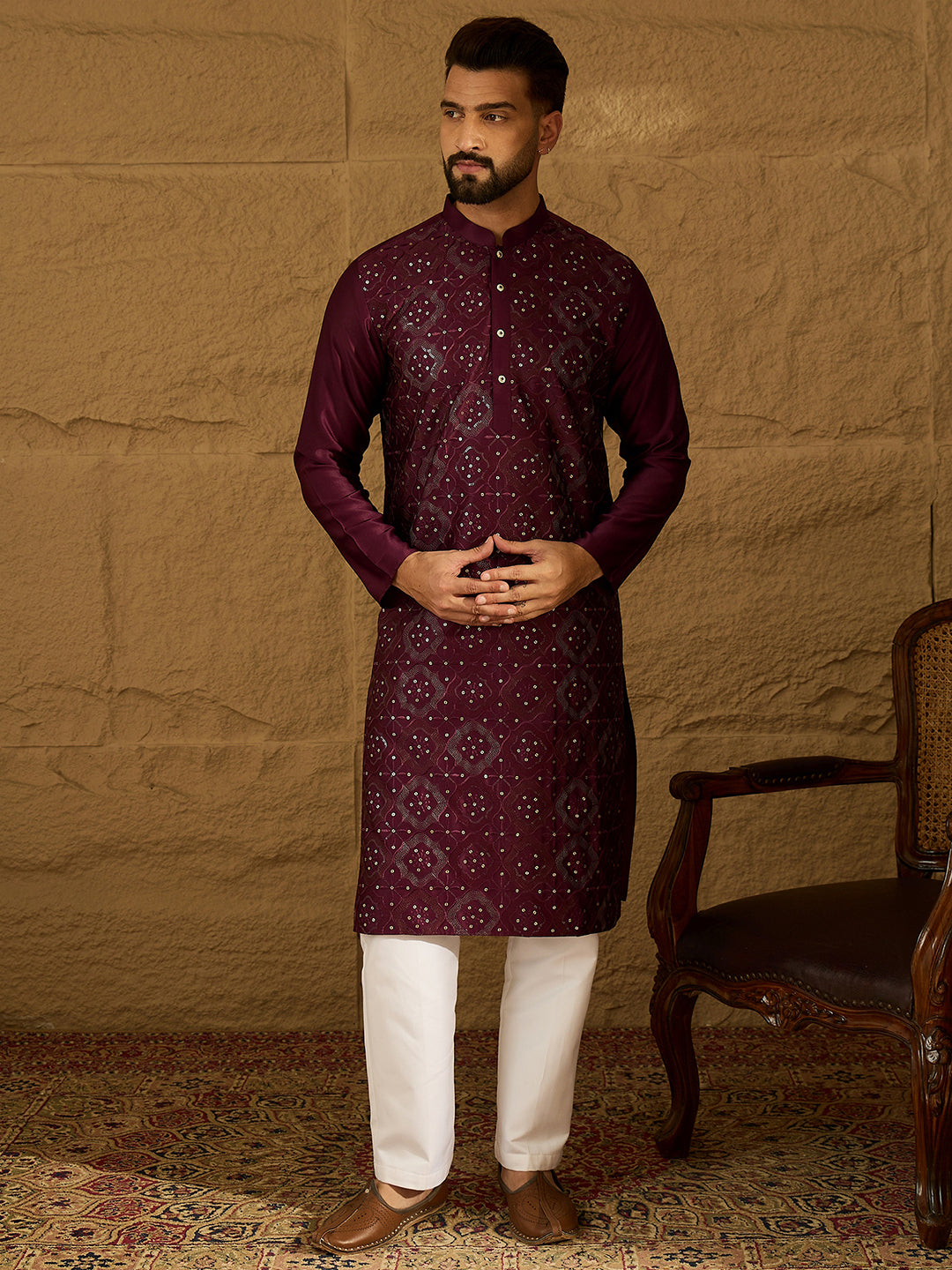 Ethnic Bay Men Purple Silk Blend Solid Embroidered Straight Kurta with Trouser-MKSET1470