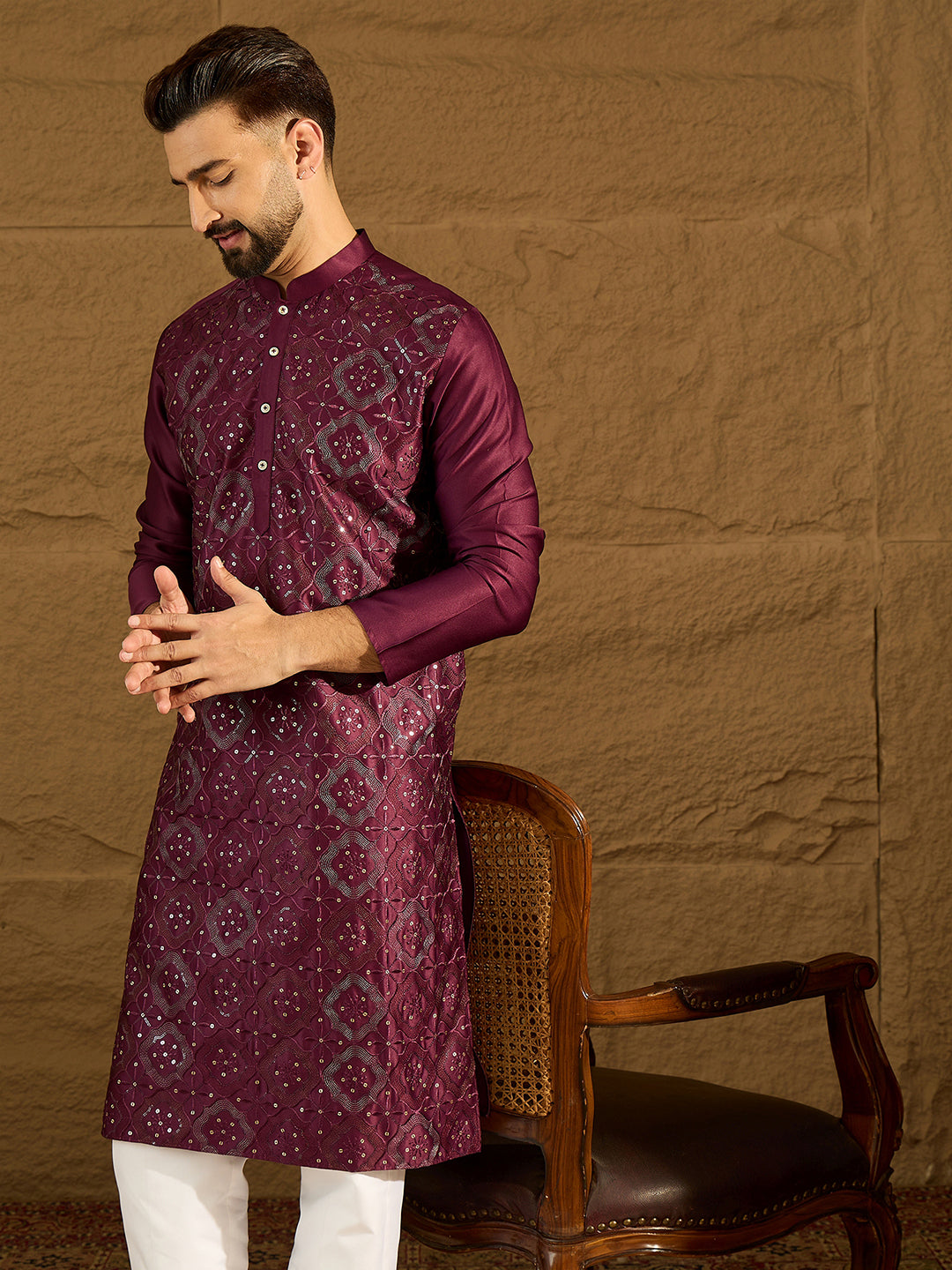 Ethnic Bay Men Purple Silk Blend Solid Embroidered Straight Kurta with Trouser-MKSET1470