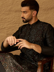 Ethnic Bay Men Black Silk Blend Solid Embroidered Straight Kurta with Trouser-MKSET1471