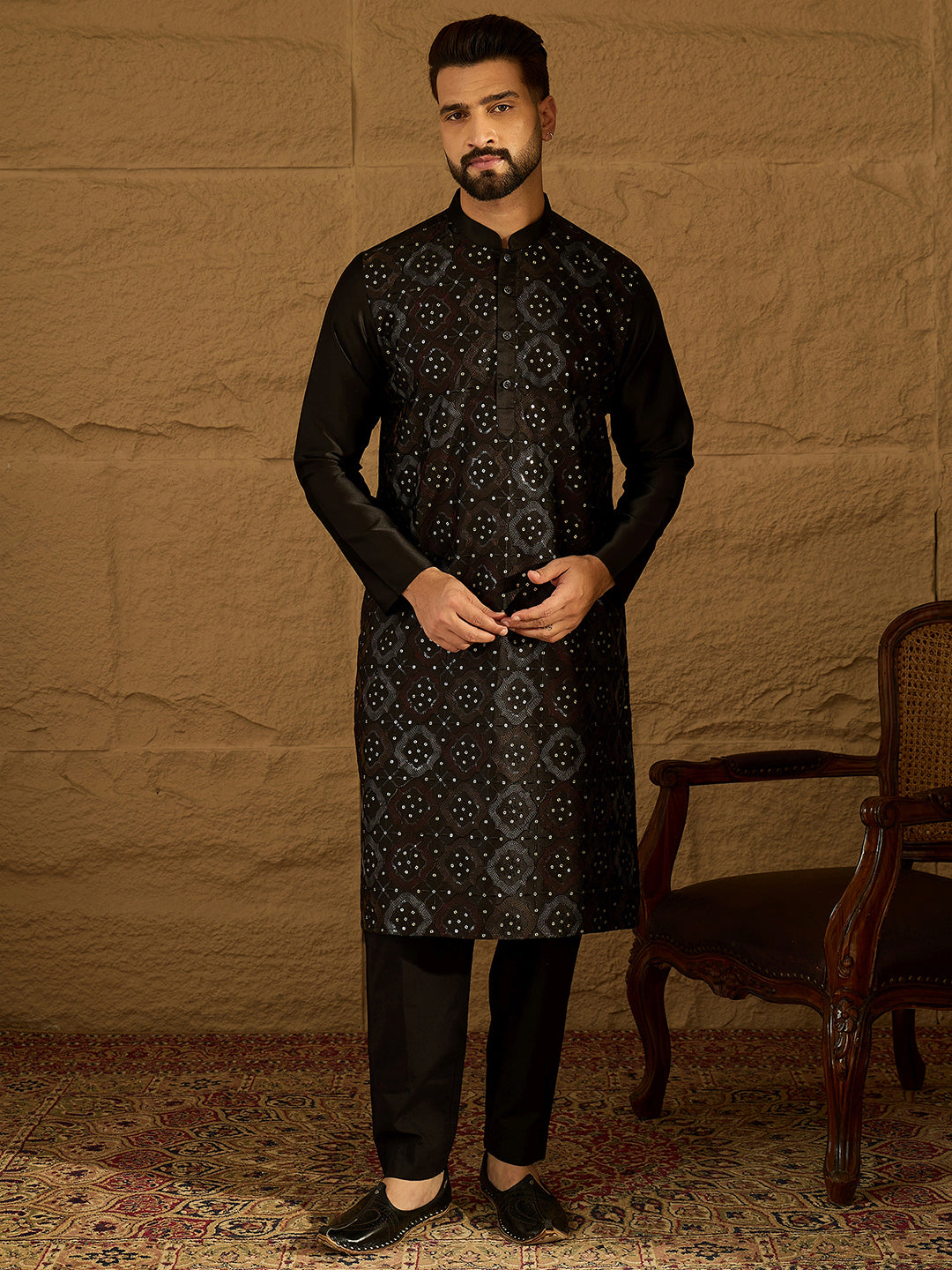 Ethnic Bay Men Black Silk Blend Solid Embroidered Straight Kurta with Trouser-MKSET1471