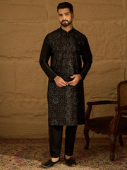 Ethnic Bay Men Black Silk Blend Solid Embroidered Straight Kurta with Trouser-MKSET1471