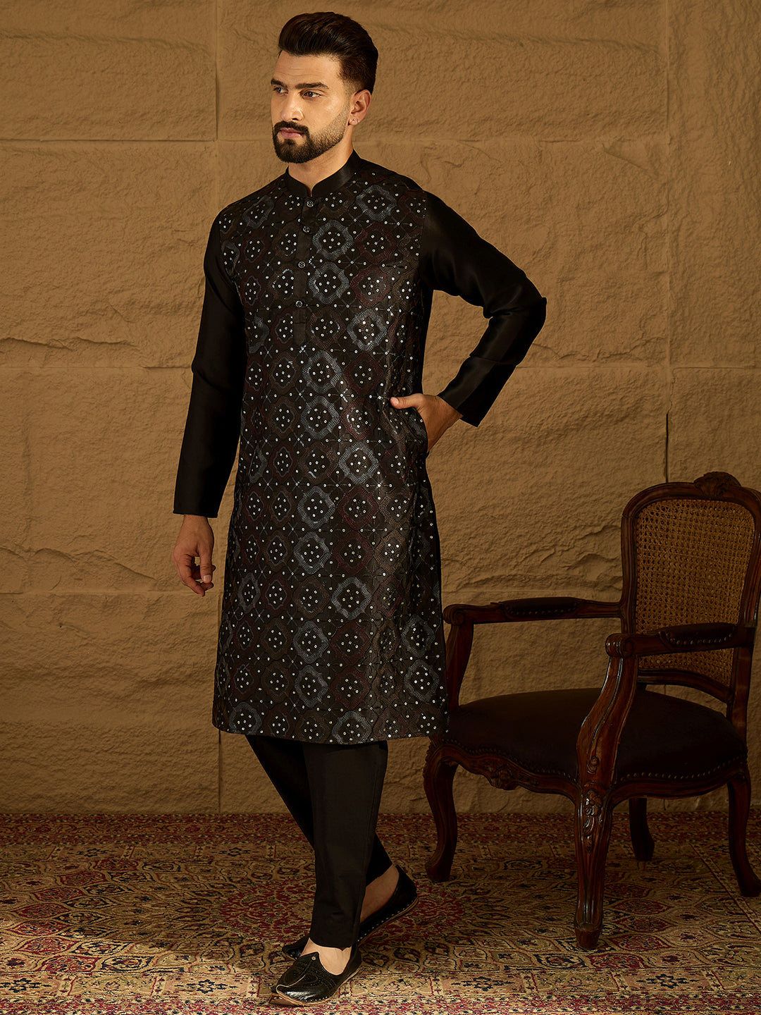 Ethnic Bay Men Black Silk Blend Solid Embroidered Straight Kurta with Trouser-MKSET1471