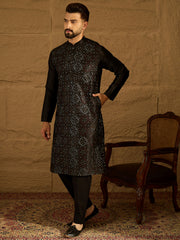 Ethnic Bay Men Black Silk Blend Solid Embroidered Straight Kurta with Trouser-MKSET1471