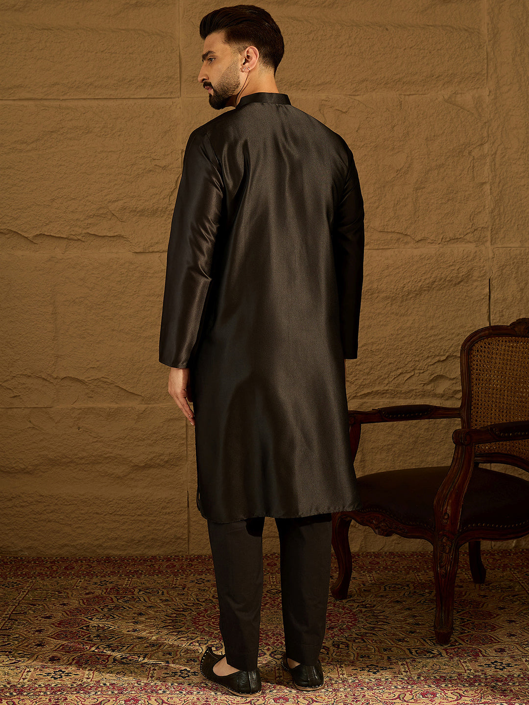 Ethnic Bay Men Black Silk Blend Solid Embroidered Straight Kurta with Trouser-MKSET1471