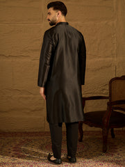 Ethnic Bay Men Black Silk Blend Solid Embroidered Straight Kurta with Trouser-MKSET1471
